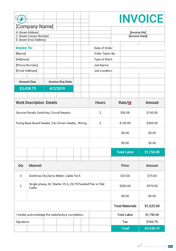 Download Electrical Work Order Invoice Template Photoshop template
